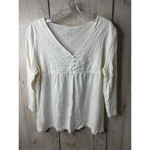 Van Heusen Womens White Embroidered V-Neck Cotton Top Size Large Shirt